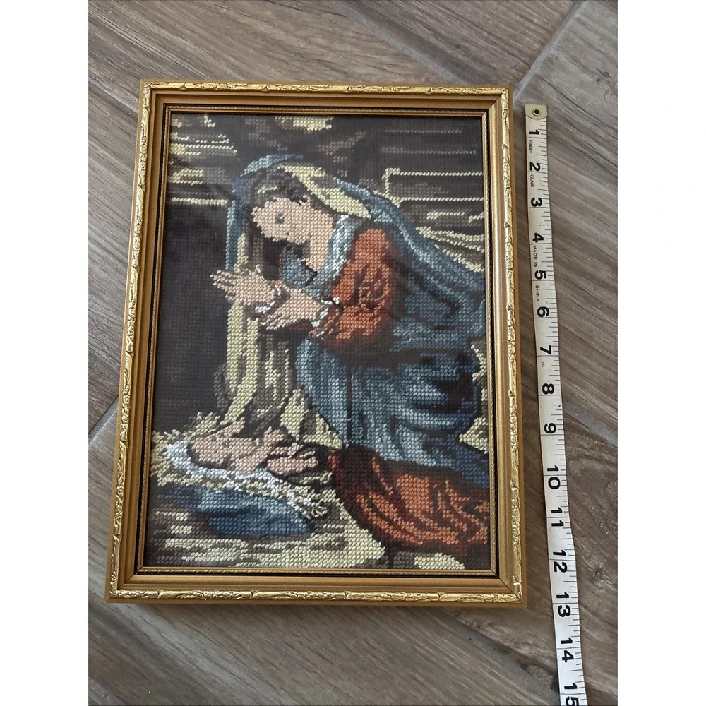 Antique Framed Needlepoint Virgin Mary And Baby Jesus 12.75